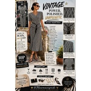 Studio Connection Vintage 80s Peplum Midi Dress Black‎ White Dot Tassel boho 10P